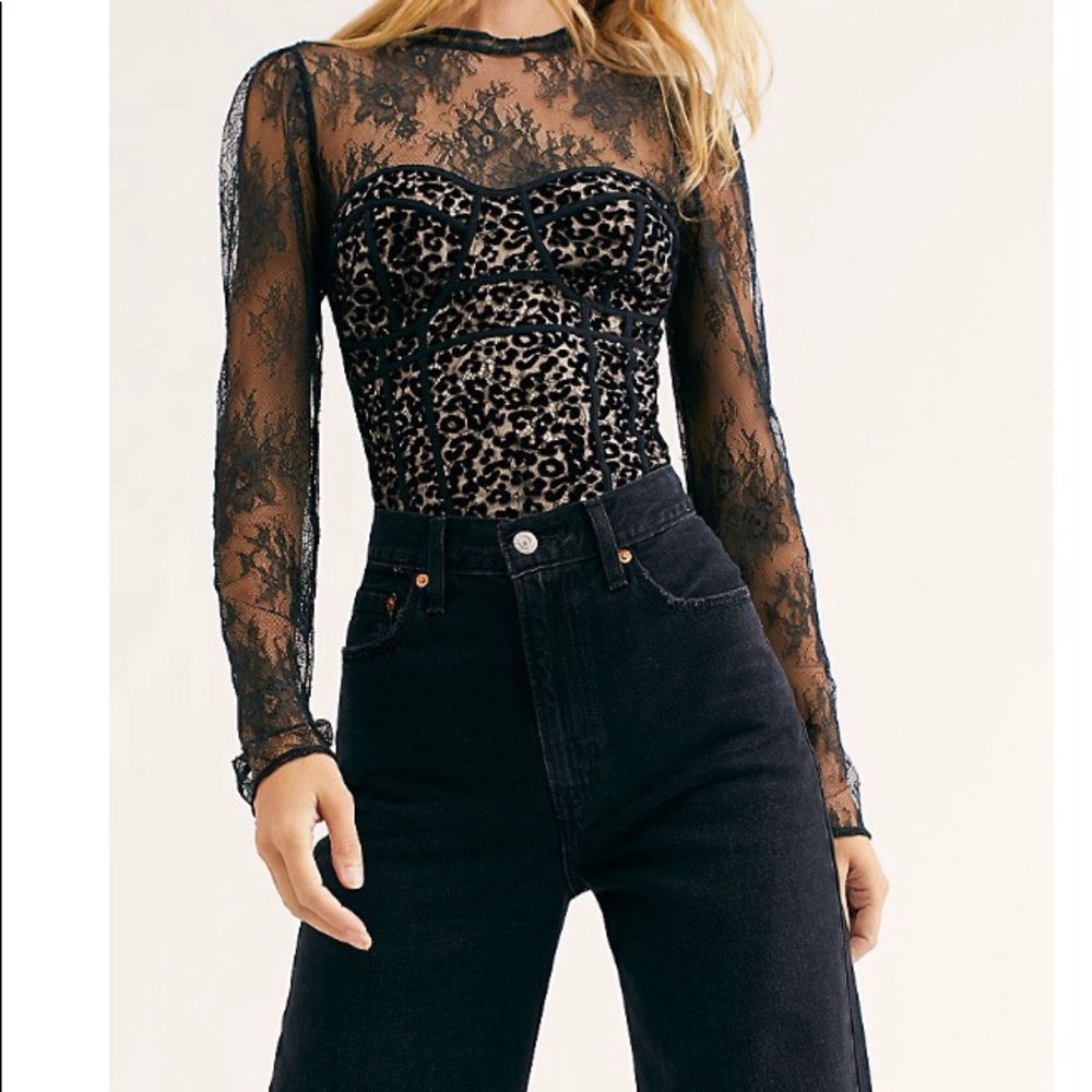 NWOT Free People Josie Leopard Lace Top Sz M